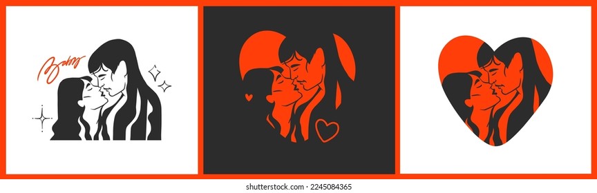 Hand drawn vector abstract graphic illustration Valentines day cards template, drawing kissing couple portrait set in heart silhouette.Love couple kissing together.Valentines beautiful design concept.