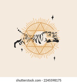 Hand drawn vector abstract graphic illustration celestial design concept with logo line silhouette art of mystic tiger animal,sun,moon and stars,isolated.Magic drawing tiger icon.Vector striped tiger.