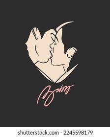 Hand drawn vector abstract graphic illustration Valentines day cards template  lesbian kissing couple portrait set in heart silhouette Love couple kissing together Valentines beautiful design concept 
