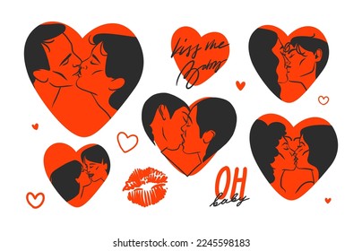 Hand drawn vector abstract graphic illustration Valentines day design,with drawing kissing couple portrait set in heart silhouette.Love couple kissing together.Valentines day beautiful design concept.