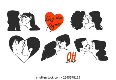 Hand drawn vector abstract graphic illustration Valentines day design with drawing kissing couple portraits collection outline Love couple kissing together Valentines day beautiful design concept 