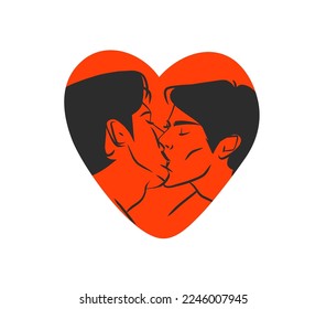 Hand drawn vector abstract graphic illustration Valentines day cards template,gay lgbt kissing couple portrait set in heart silhouette.Love couple kissing together.Valentines beautiful design concept.