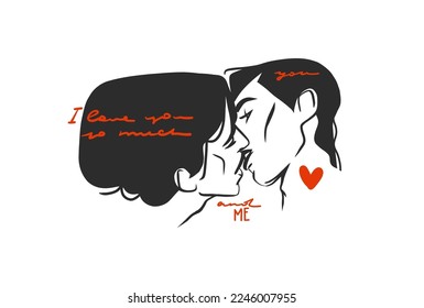 Hand drawn vector abstract graphic illustration Valentines day cards template,gay lgbt kissing couple portrait set in heart silhouette.Love couple kissing together.Valentines beautiful design concept.