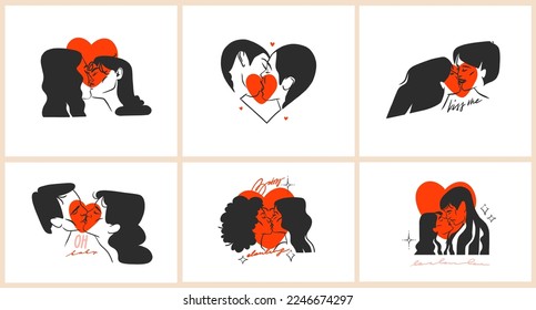 Hand drawn vector abstract graphic illustration Valentines day cards template, drawing kissing couple portrait set in heart silhouette.Love couple kissing together.Valentines beautiful design concept.