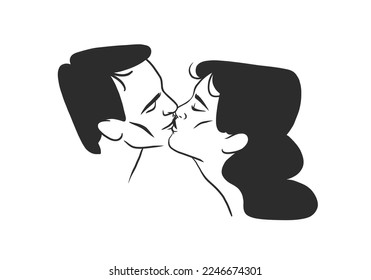 Hand drawn vector abstract graphic illustration Valentines day cards template, drawing kissing couple portrait set in heart silhouette.Love couple kissing together.Valentines beautiful design concept.