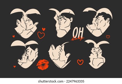 Hand drawn vector abstract graphic illustration Valentines day, drawing kissing lgbt couple set in heart silhouette.Love couple kissing together.Valentines beautiful design concept.Lgbt couple concept