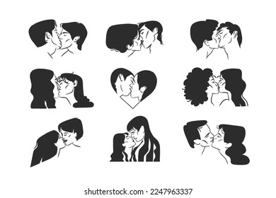 Hand drawn vector abstract graphic illustration Valentines day design,with drawing kissing couple portraits collection,outline.Love couple kissing together.Valentines day beautiful design concept.