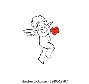 Hand drawn vector abstract graphic illustration Valentines day design elements, abstract love Angel Cupid with arrow. Love design concept outline icon.Valentines beautiful design concept isolated.