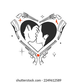 Hand drawn vector abstract graphic illustration Valentines day cards template, lesbian kissing couple portrait set in heart silhouette.Lgbt couple kissing together.Valentines beautiful design concept.