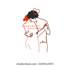 Hand drawn vector abstract graphic illustration Valentines day design elements, abstract two couple lovers hugging. Love design concept outline icon.Valentines beautiful design concept isolated.