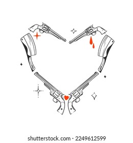Hand drawn vector abstract graphic illustration Valentines day cards template, guns and knifes abstract heart shape silhouette frame. Love design concept outline.Valentines beautiful design concept.