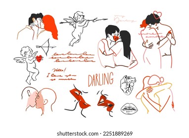 Hand drawn vector abstract graphic illustration Valentines day design element set,love lettering,text and hugging couples.Love design concept outline icon.Valentines beautiful design concept isolated.