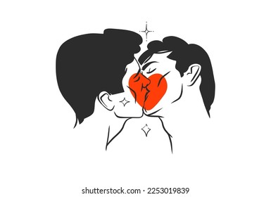 Hand drawn vector abstract graphic illustration Valentines day cards template,gay lgbt kissing couple portrait set in heart silhouette.Love couple kissing together.Valentines beautiful design concept.