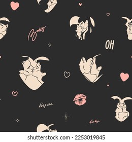Hand drawn vector abstract graphic illustration Valentines day, drawing kissing couples seamless pattern in hearts.Love couple kissing together.Valentines lgbt design concept.Lgbt couple concept.