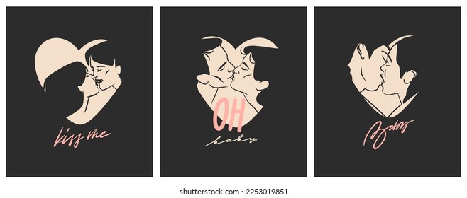 Hand drawn vector abstract graphic illustration Valentines day cards template, drawing kissing couple portrait set in heart silhouette.Love couple kissing together.Valentines beautiful design concept.