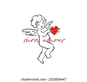 Hand drawn vector abstract graphic illustration Valentines day design elements, abstract Cupid angel with hearts,outline icon. Love design concept handwritten text.Valentines text, Mon Amour,isolated.