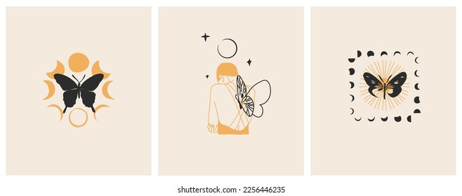 Hand drawn vector abstract graphic illustrations celestial design concept with logo magic line silhouette set of mystic flying butterfly,moth,sun and moon phase isolated. Magic drawing butterfly icon.