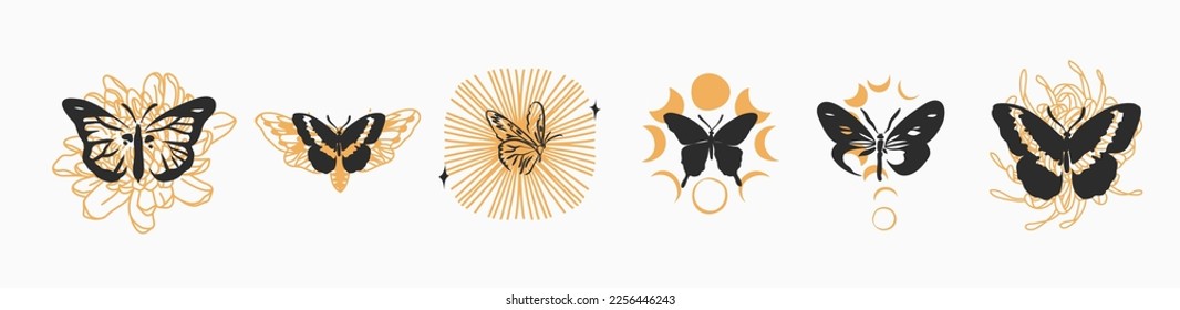 Hand drawn vector abstract graphic illustrations celestial design concept with logo magic line silhouette set of mystic flying butterfly,moth,sun and moon phase isolated. Magic drawing butterfly icon.