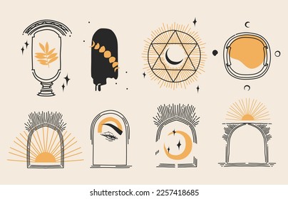 Hand drawn vector abstract graphic illustration with logo elements collection set,magic arch portals and frames with moon phases, flowers, silhouettes . Astrology moon and star design concept drawing.