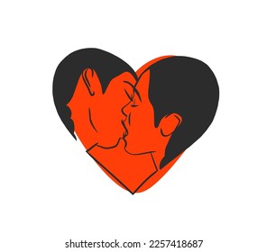 Hand drawn vector abstract graphic illustration Valentines day design,with drawing kissing couple line art,isolated.Love couple kissing couple together.Valentines day love beautiful design concept.