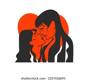 Hand drawn vector abstract graphic illustration Valentines day cards template, drawing kissing couple portrait set in line art style.Love couple kissing together.Valentines beautiful design concept.