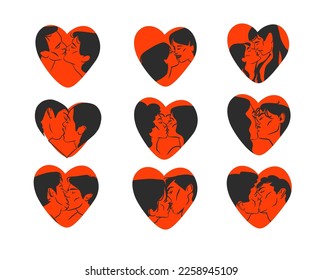 Hand drawn vector abstract graphic illustration Valentines day design with drawing kissing couple portrait set in heart silhouette Love couple kissing together Valentines day beautiful design concept 