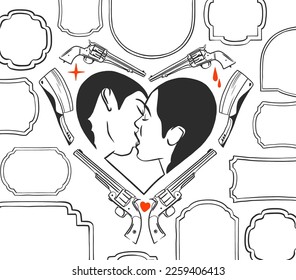 Hand drawn vector abstract graphic illustration Valentines day cards template, lesbian kissing couple portrait set in heart silhouette.Lgbt couple kissing together.Valentines beautiful design concept.