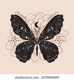 Hand drawn vector abstract graphic illustrations celestial design concept with logo magic line silhouette of mystic flying butterfly and flower isolated. Magic drawing butterfly icon.