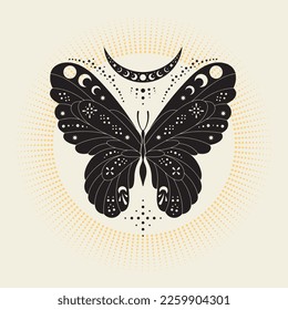 Hand drawn vector abstract graphic illustrations celestial design concept with logo magic line silhouette art of mystic flying butterfly,moth,sun and moon phase isolated. Magic drawing butterfly icon.