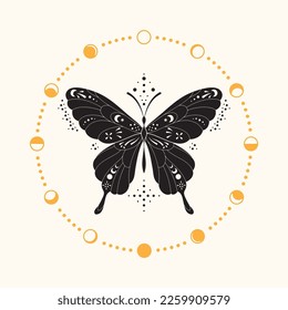 Hand drawn vector abstract graphic illustrations celestial design concept with logo magic line silhouette of mystic flying butterfly,moth,sun and moon phase isolated. Magic drawing butterfly icon.