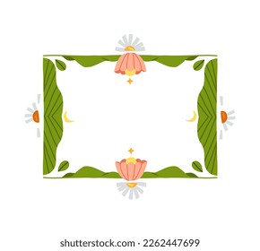 Hand drawn vector abstract graphic illustration clipart doodle ornamental leaves frame with tropical flowers in simple style for branding isolated.Modern tropical nature design concept.Exotic border.