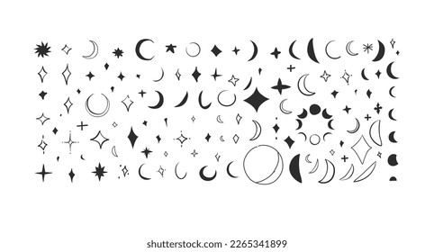 Hand drawn vector abstract graphic illustrations icons collection set bundle with logo elements,magic sacred moon and stars silhouettes in simple style isolated.Moon and star vector design concept.