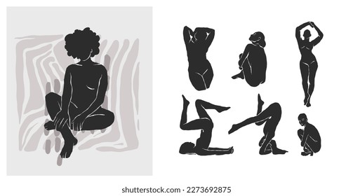 Línea gráfica abstracta de vector dibujada a mano simple,colección contemporánea con siluetas de figuras femeninas formas corporales.Diseño de concepto femenino de moda para la decoración de paredes, impresión, afiche, papel pintado, fondo.