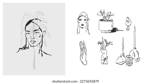 Dibujo a mano vectorial de línea gráfica abstracta arte simple,colección contemporánea con estética boho femenina.,retratos de mujeres.Diseño de concepto feminista de moda para la decoración de paredes, impresión, papel pintado, fondo.