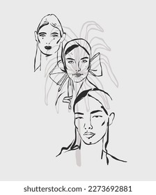 Hand drawn vector abstract graphic line art simple,contemporary collection set with boho feminine aesthetics.,woman portraits.Fashion feminine concept design for wall decor,print,wallpaper,background.