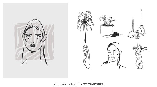 Hand drawn vector abstract graphic line art simple,contemporary collection set with boho feminine aesthetics.,woman portraits.Fashion feminine concept design for wall decor,print,wallpaper,background.
