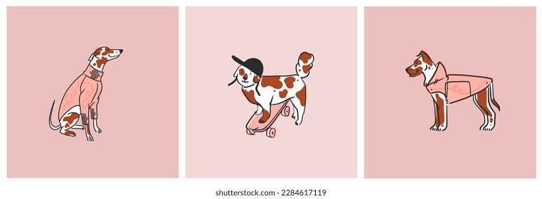 Hand drawn vector abstract graphic line collection set with diverse cute funny cartoon dogs characters.Vector illustration of funny cartoon different breeds dogs in trendy flat style. Line dog icon.