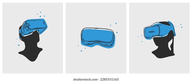 Hand drawn vector abstract graphic line art collection with virtual reality technology headset devise and human silhouette. Human in virtual reality headset outline design. Concept of virtual reality.