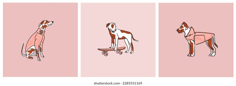 Colección de líneas gráficas abstractas de vector dibujado a mano con diversos personajes de perros de dibujos animados graciosos y bonitos.Ilustración vectorial de divertidos dibujos animados de diferentes razas perros de estilo moderno y plano. Icono de perro de línea.