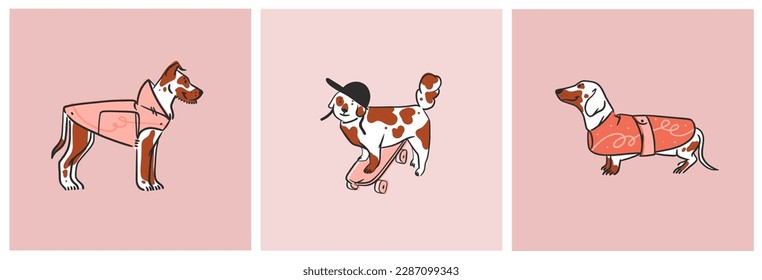 Hand drawn vector abstract graphic line collection set with diverse cute funny cartoon dogs characters.Vector illustration of funny cartoon different breeds dogs in trendy flat style. Line dog icon.