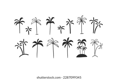 Hand drawn vector abstract graphic line collection set with diverse drawing different palm trees icons.Vector doodle palm trees outline and silhouette illustrations concept design. Graphic palm icon.