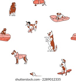 Handgezeichnete, abstrakte grafische Linie Kunst nahtloses Muster mit verschiedenen süßen Cartoon-Hunde Charaktere.Vektorgrafik von lustigen Cartoons verschiedener Rassen Hunde im trendigen, flachen Stil. Line Hund Symbol.