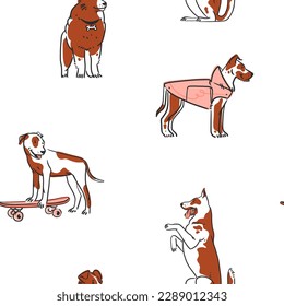 Handgezeichnete, abstrakte grafische Linie Kunst nahtloses Muster mit verschiedenen süßen Cartoon-Hunde Charaktere.Vektorgrafik von lustigen Cartoons verschiedener Rassen Hunde im trendigen, flachen Stil. Line Hund Symbol.