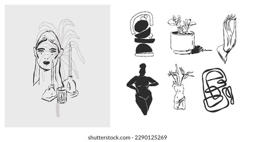 Hand drawn vector abstract graphic line art simple,contemporary collection set with boho feminine aesthetics.,woman portraits.Fashion feminine concept design for wall decor,print,wallpaper,background.