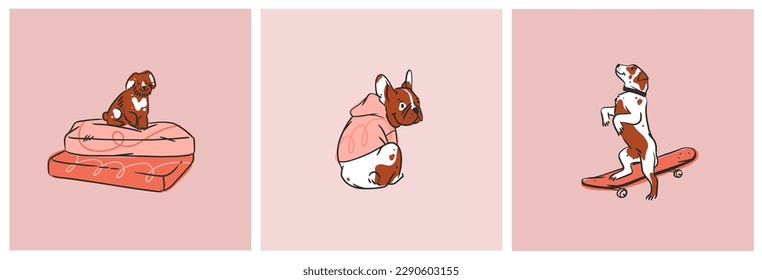 Hand drawn vector abstract graphic line collection set with diverse cute funny cartoon dogs characters.Vector illustration of funny cartoon different breeds dogs in trendy flat style. Line dog icon.
