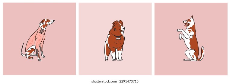 Hand drawn vector abstract graphic line collection set with diverse cute funny cartoon dogs characters.Vector illustration of funny cartoon different breeds dogs in trendy flat style. Line dog icon.