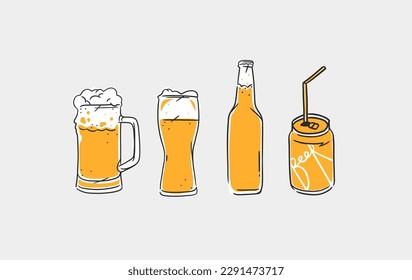 Ilustración de línea gráfica abstracta de vector dibujado a mano con tazas de cerveza de vidrio y colección de conjuntos de botellas .Dibujo de dibujo de ilustración de cerveza de contorno vectorial. Concepto de diseño de elementos aislados de vidrio de cerveza vectorial.