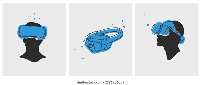 Hand drawn vector abstract graphic line art collection with virtual reality technology headset devise and human silhouette. Human in virtual reality headset outline design. Concept of virtual reality.