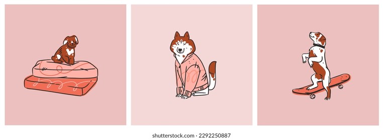 Hand drawn vector abstract graphic line collection set with diverse cute funny cartoon dogs characters.Vector illustration of funny cartoon different breeds dogs in trendy flat style. Line dog icon.