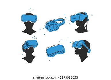 Colección de arte de línea gráfica abstracta de vector dibujada a mano con diseño de auriculares con tecnología de realidad virtual y silueta humana. Diseño de contorno de audífonos de realidad humana en virtual. Concepto de realidad virtual.